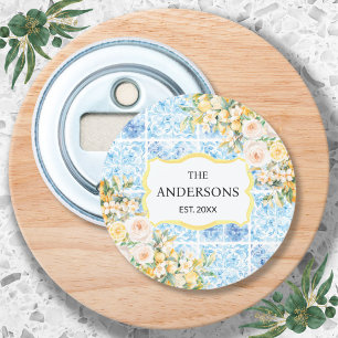 Blue Mediterranean Tiles Flower Lemon Family Name Bottle Opener