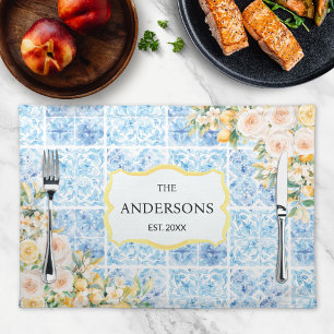 Blue Mediterranean Tiles Flower Lemon Family Name Cloth Placemat