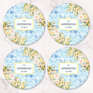 Blue Mediterranean Tiles Flower Lemon Family Name Coaster Set