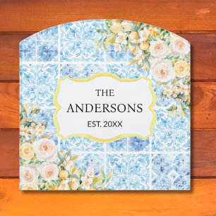 Blue Mediterranean Tiles Flower Lemon Family Name Door Sign