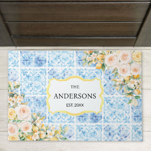 Blue Mediterranean Tiles Flower Lemon Family Name Doormat