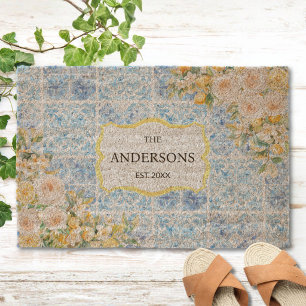 Blue Mediterranean Tiles Flower Lemon Family Name Fiber Doormat