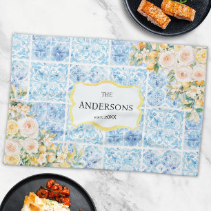 Blue Mediterranean Tiles Flower Lemon Family Name Kitchen Towel