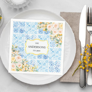 Blue Mediterranean Tiles Flower Lemon Family Name Napkins