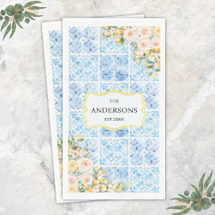 Blue Mediterranean Tiles Flower Lemon Family Name Paper Guest Towels