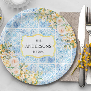 Blue Mediterranean Tiles Flower Lemon Family Name Paper Plates