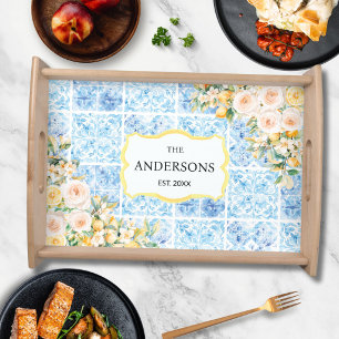 Blue Mediterranean Tiles Flower Lemon Family Name Serving Tray