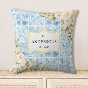 Blue Mediterranean Tiles Flower Lemon Family Name Throw Pillow