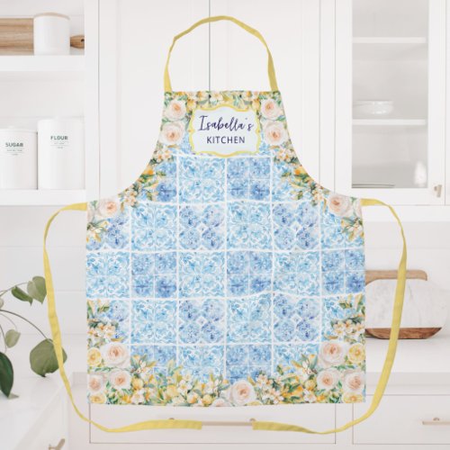 Blue Mediterranean Tiles Flower Lemon Personalized Apron