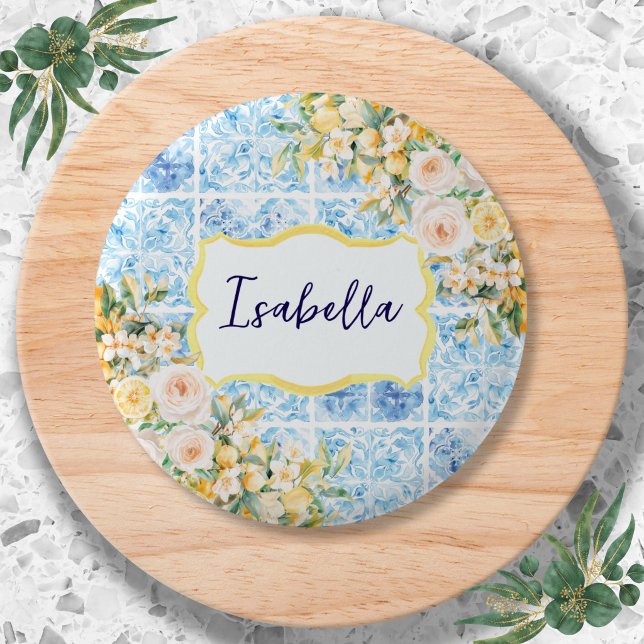 Blue Mediterranean Tiles Flower Lemon Personalized Button (Creator Uploaded)