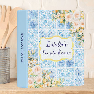 Blue Mediterranean Tiles Flowers and Lemon Recipe Mini Binder