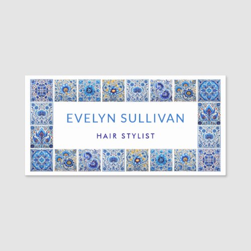 Blue mediterranean tiles frame name tag