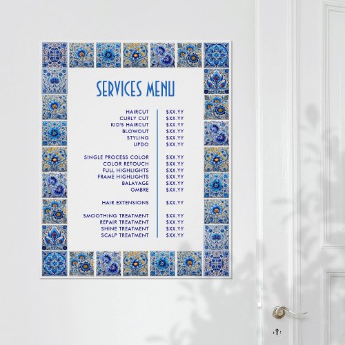 Blue Mediterranean Tiles Frame Price List Poster