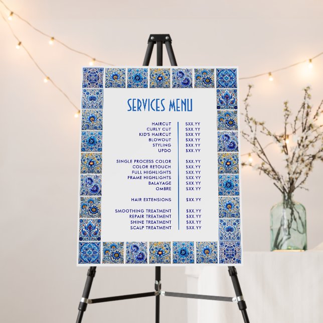 Blue Mediterranean Tiles Frame Services Menu Foam Board (In Situ (Stand))