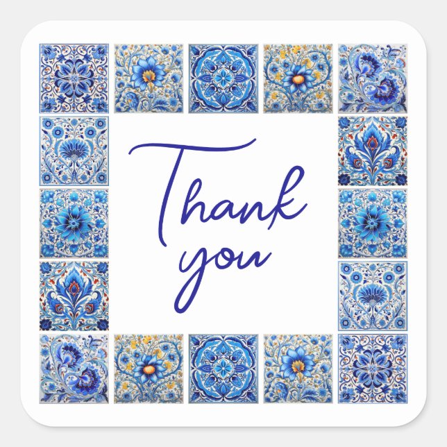Blue mediterranean tiles frame thank you sticker