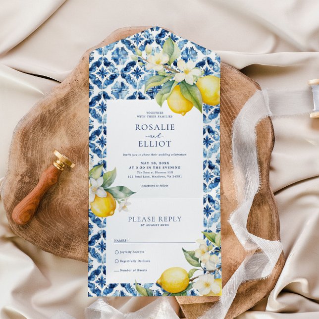 Blue Mediterranean Tiles Italian Lemon Wedding All In One Invitation (Creator Uploaded)