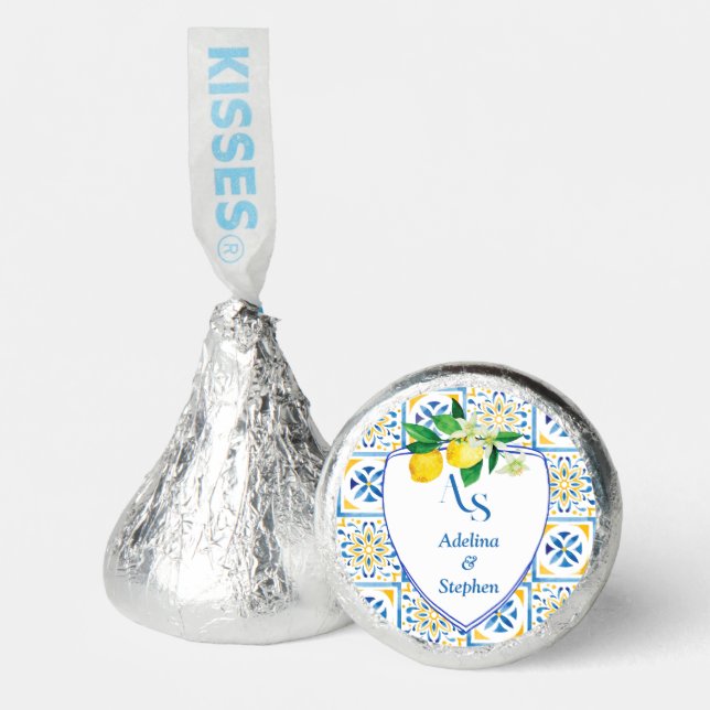 Blue Mediterranean Tiles Italy Crest Lemon Wedding Hershey®'s Kisses® (Front)