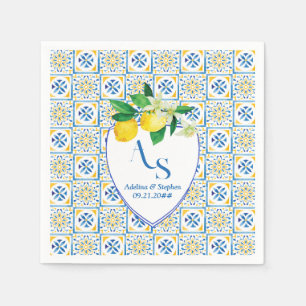 Blue Mediterranean Tiles Italy Crest Lemon Wedding Napkins