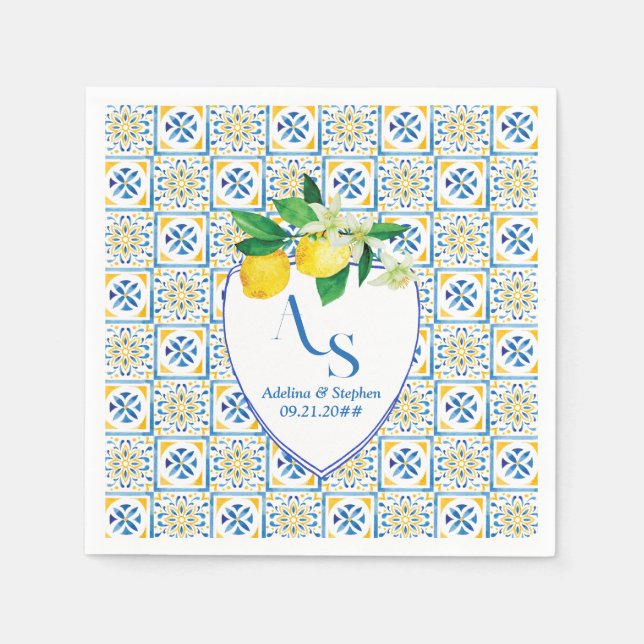 Blue Mediterranean Tiles Italy Crest Lemon Wedding Napkins (Front)