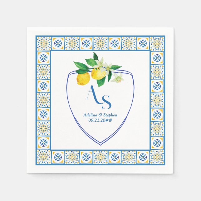 Blue Mediterranean Tiles Italy Crest Lemon Wedding Napkins (Front)