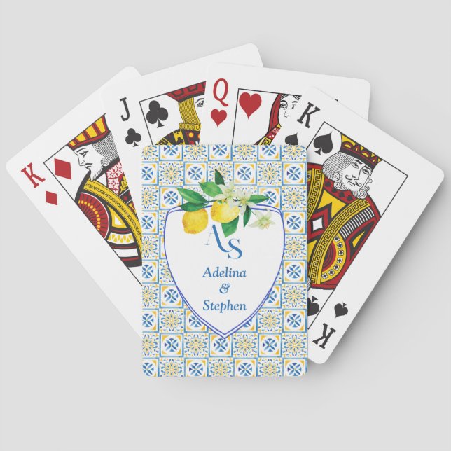Blue Mediterranean Tiles Italy Crest Lemon Wedding Poker Cards (Back)