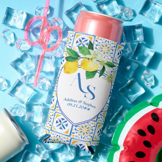 Blue Mediterranean Tiles Italy Crest Lemon Wedding Seltzer Can Cooler (In Situ Summer)