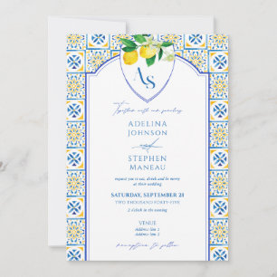 Blue Mediterranean Tiles Lemon All In One Wedding Invitation