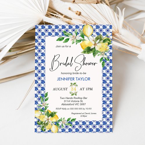 Blue Mediterranean Tiles Lemon Bridal Shower Invitation