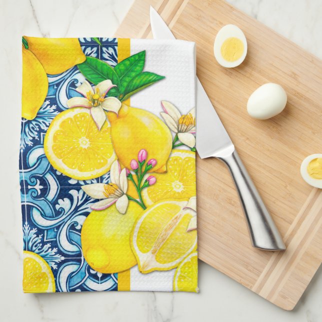 Blue Mediterranean Tiles & Lemon Kitchen Towel (Quarter Fold)