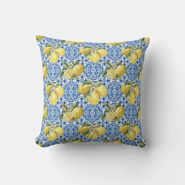 Blue Mediterranean Tiles Lemon Pattern Throw Pillow (Front)