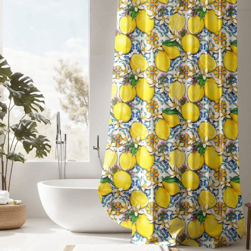 Blue Mediterranean Tiles  Lemon Shower Curtain