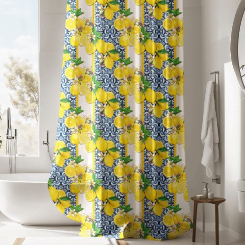 Blue Mediterranean Tiles  Lemon Shower Curtain