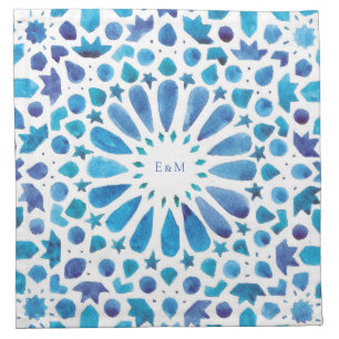 Blue Mediterranean Tiles Monogram Wedding Cloth Napkin
