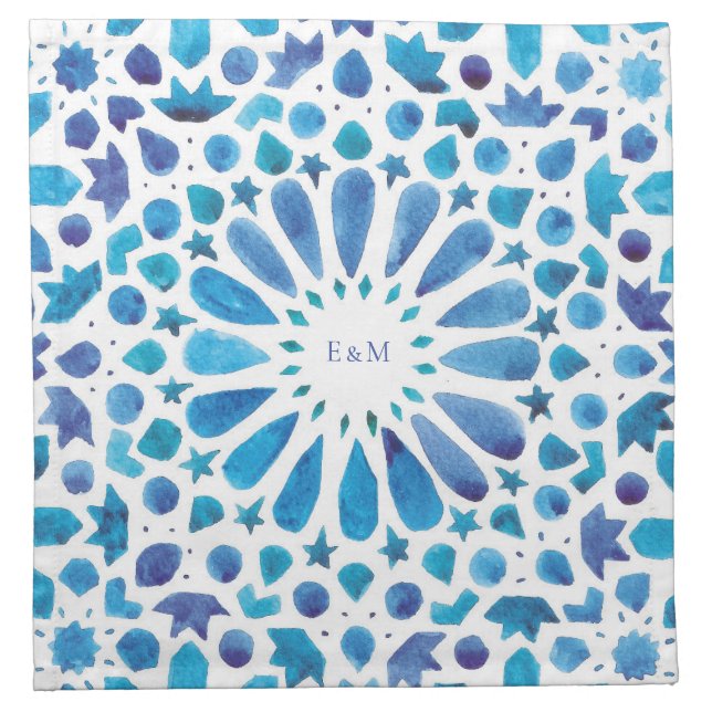 Blue Mediterranean Tiles Monogram Wedding Cloth Napkin (Front)