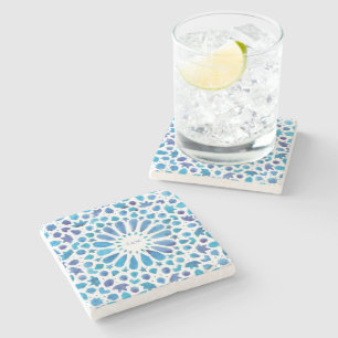 Blue Mediterranean Tiles Monogram Wedding Stone Coaster
