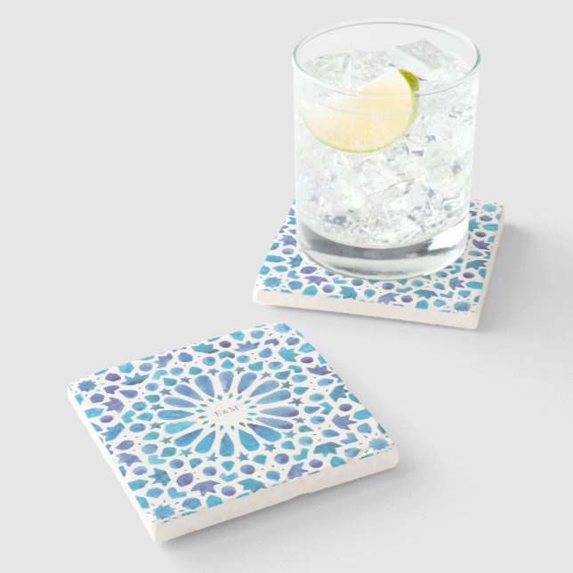 Blue Mediterranean Tiles Monogram Wedding Stone Coaster (Side)