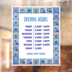 Blue Mediterranean Tiles Opening Hours Window Cling