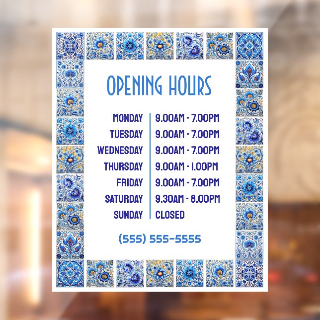 Blue Mediterranean Tiles Opening Hours Window Cling (Sheet 2)