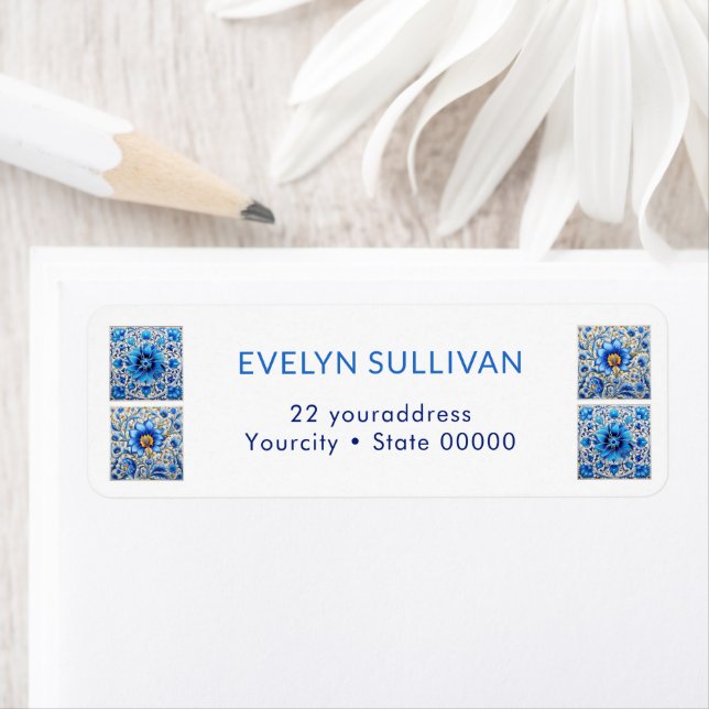 Blue mediterranean tiles return address label (Insitu)