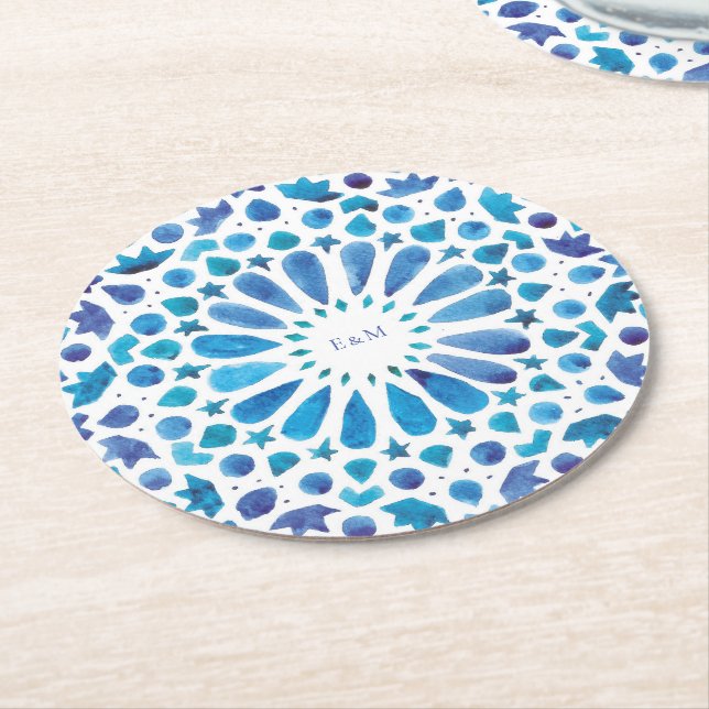 Blue Mediterranean Tiles Wedding Monogram Round Paper Coaster (Angled)