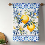 Blue Mediterranean Tiles With Lemons Kitchen Towel<br><div class="desc">Blue and white Mediterranean tiles with lemons kitchen towels. Beautiful lemons on a blue and white Mediterranean tile background. You can add text to personalize.</div>