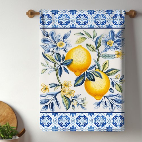 Blue Mediterranean Tiles With Lemons Kitchen Towel