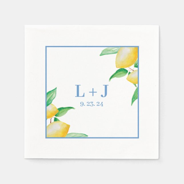 Blue Mediterranean Watercolor Lemon Wedding  Napkins (Front)