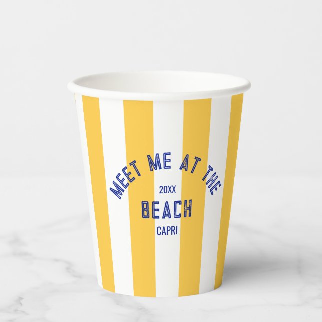 Blue Meet Me At The Beach Yellow Cabana Stripe Paper Cups (Front)