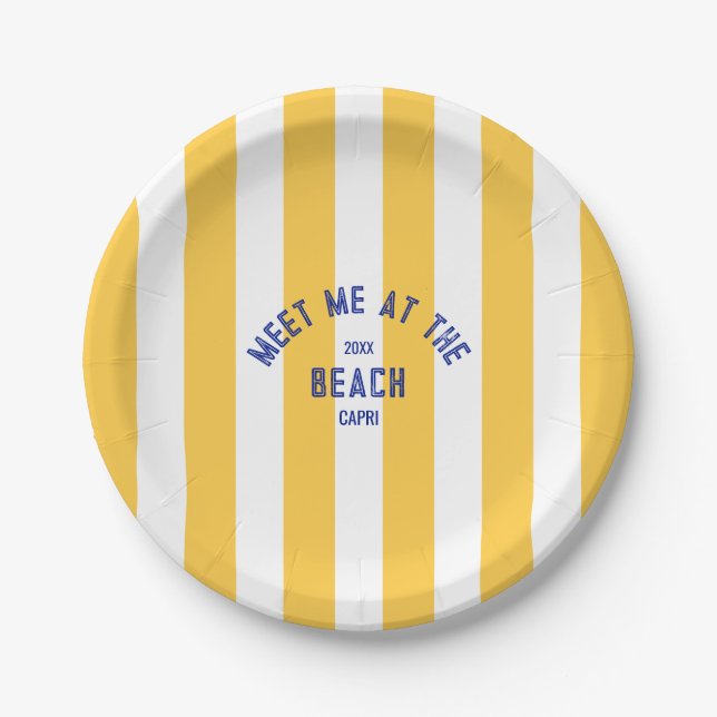 Blue Meet Me At The Beach Yellow Stripe Paper Plates (Front)