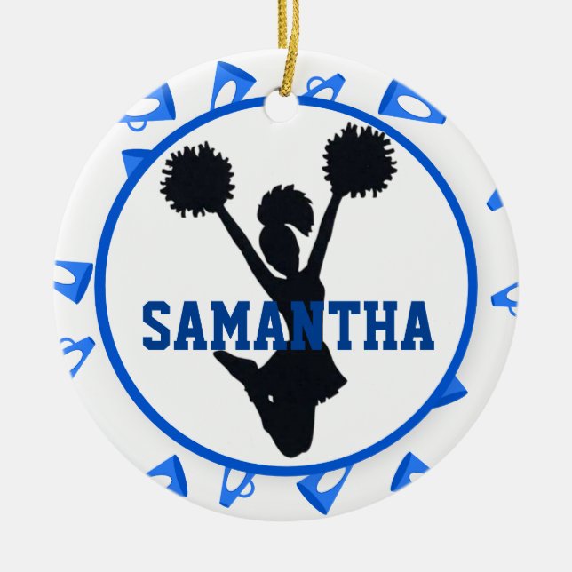 Blue Megaphones and Cheerleader Personalized Ceramic Ornament (Front)