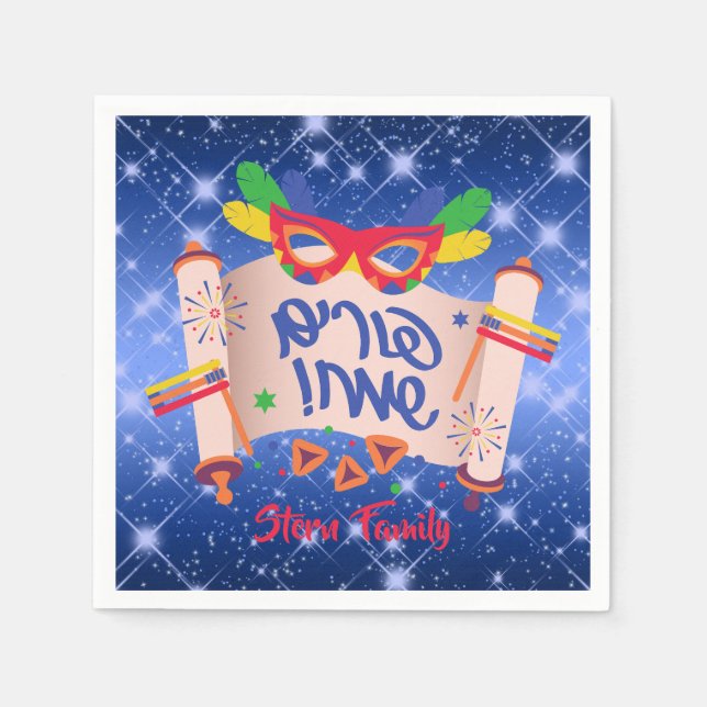 Blue Megillah Hamantash Grogger Happy Purim  Napkins (Front)