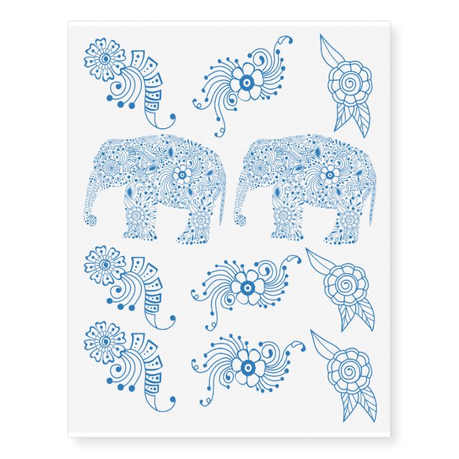 Blue Mehndi  Baby  Elephant Temporary Tattoos (Front)