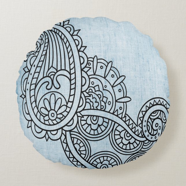 Blue Mehndi Motif Round Pillow (Front)