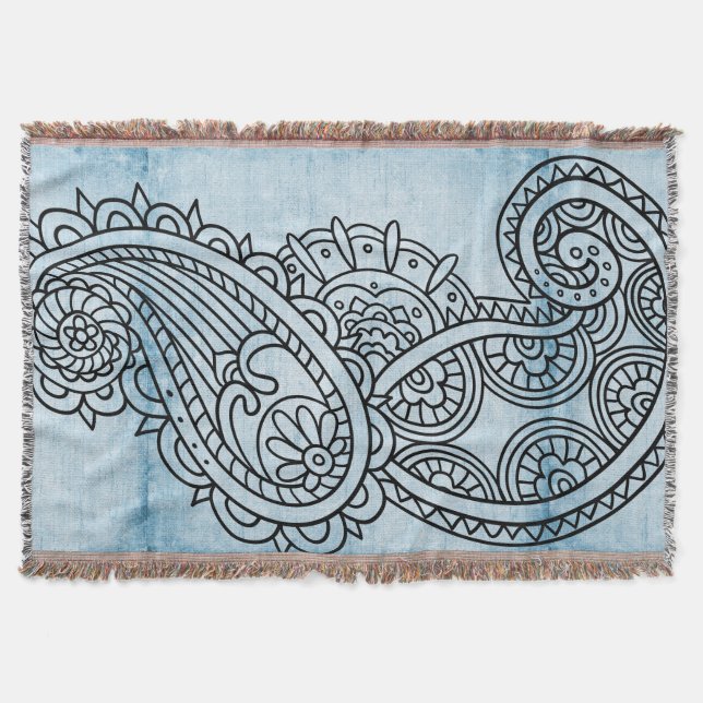Blue Mehndi Motif Throw Blanket (Front)